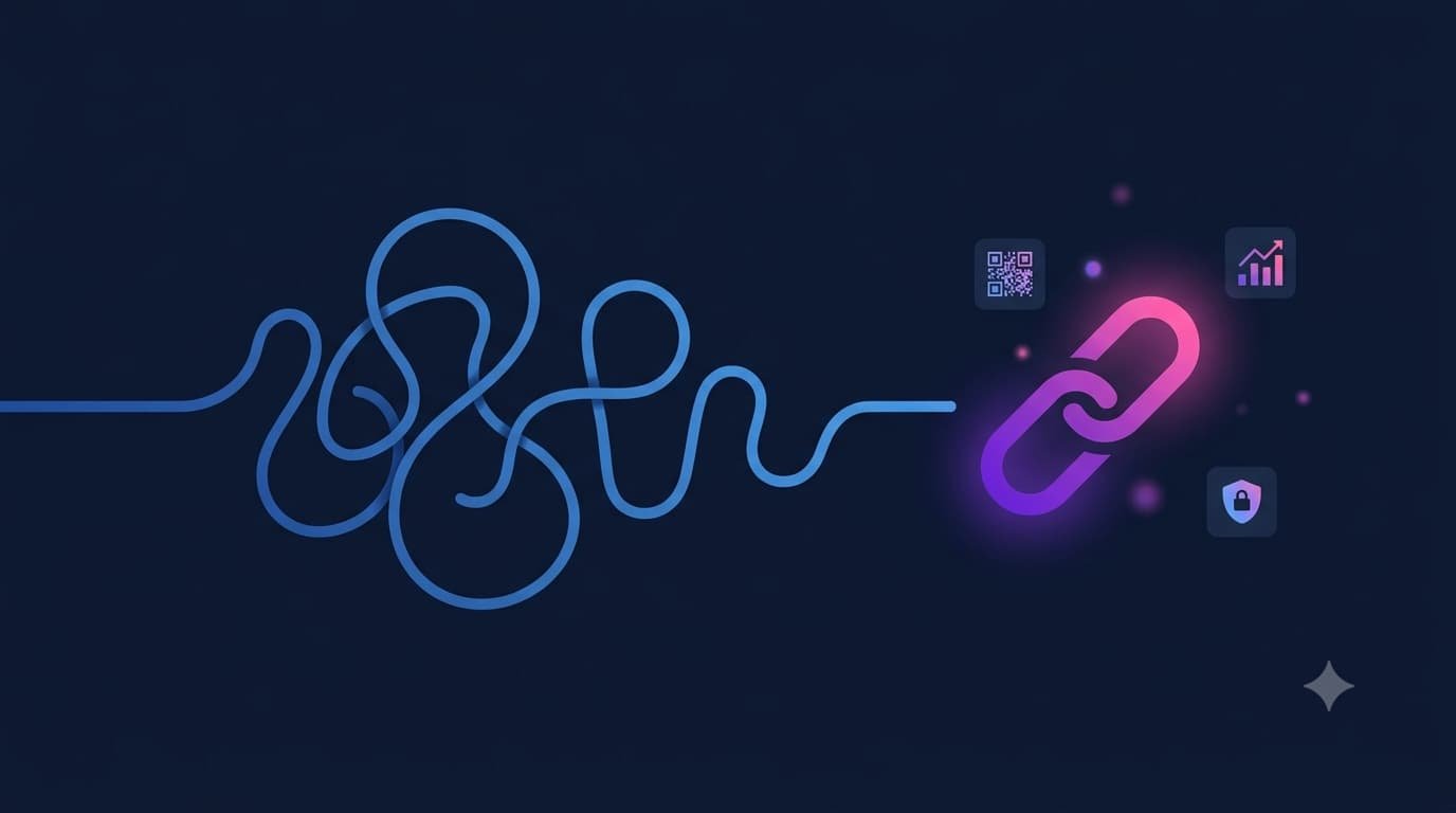 Illustration of a long messy URL transforming into a short, secure branded link with 2shrt